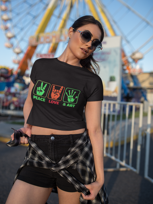 "Peace, Love & Art" Graphic Crop Top – Black | Vibrant Hand Sign Print